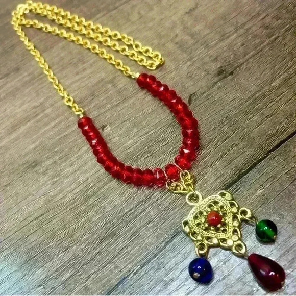 Long Gold Tone Chain Necklace with Red Beads and Pendant with Bead Accents - Picture 1 of 4